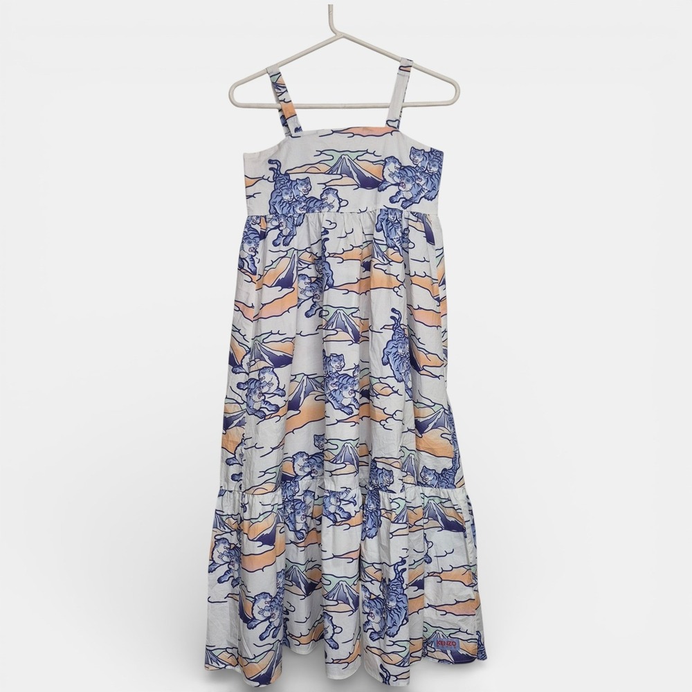 Kenzo Kids Girls Blue Orange Tiger Mountain Print Tiered Cotton Maxi Dress 12A